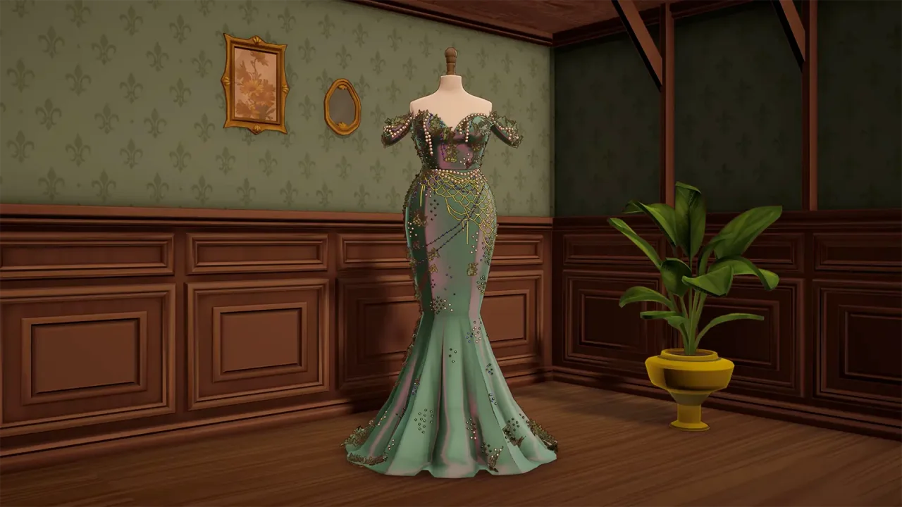 An ornate green dress displayed on the in-game mannequin